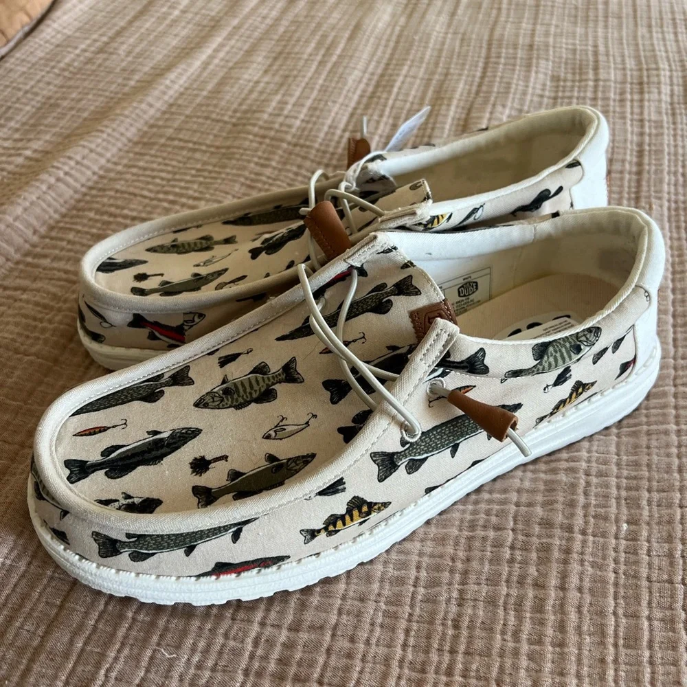 Hey Dude Mens Fish Pattern Moccasins - White and Black - Picture 3 of 6